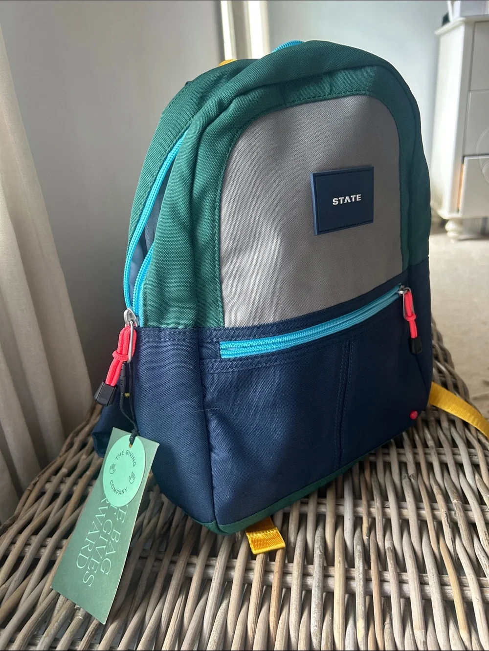 Mini STATE Colorblock Kids Backpack in Green/Navy/Cream with Yellow Accents
